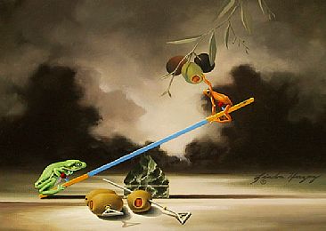 Friends in High Places - Dart frog and Waxy tree frog on teeter totter by Linda Herzog